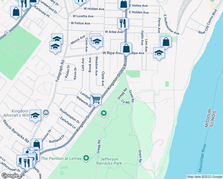 map of restaurants, bars, coffee shops, grocery stores, and more near 164 Kingston Drive in St. Louis