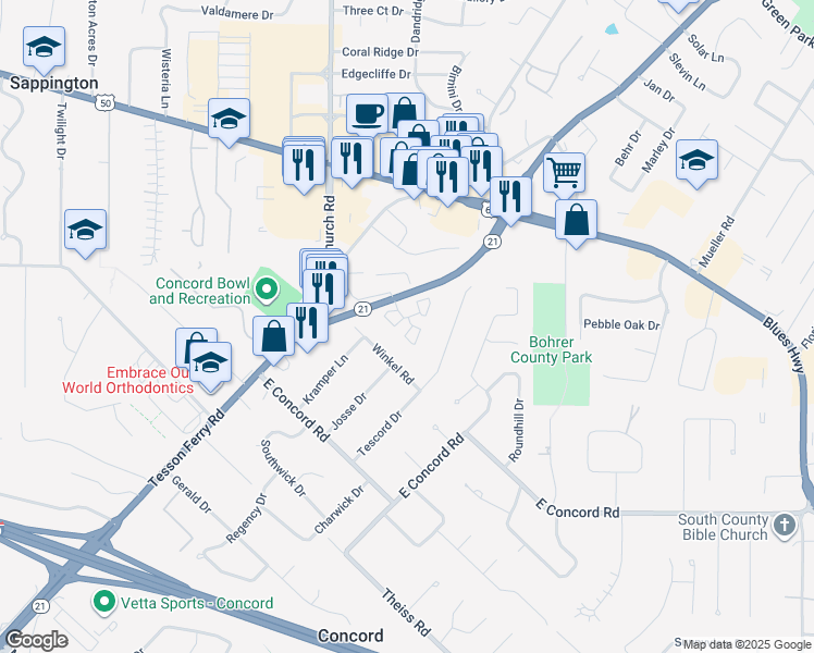 map of restaurants, bars, coffee shops, grocery stores, and more near 11302 Pointe South Court in St. Louis
