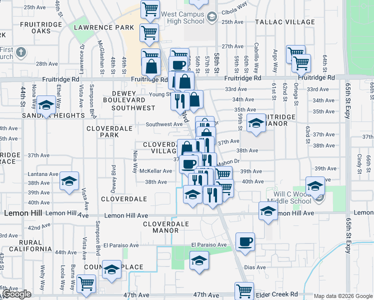 map of restaurants, bars, coffee shops, grocery stores, and more near 5337 37th Avenue in Sacramento