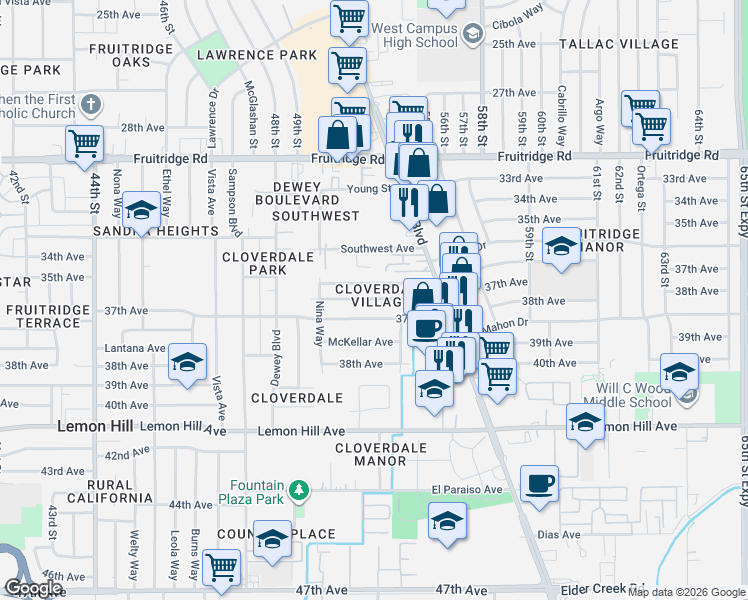 map of restaurants, bars, coffee shops, grocery stores, and more near 5226 Thurman Way in Sacramento
