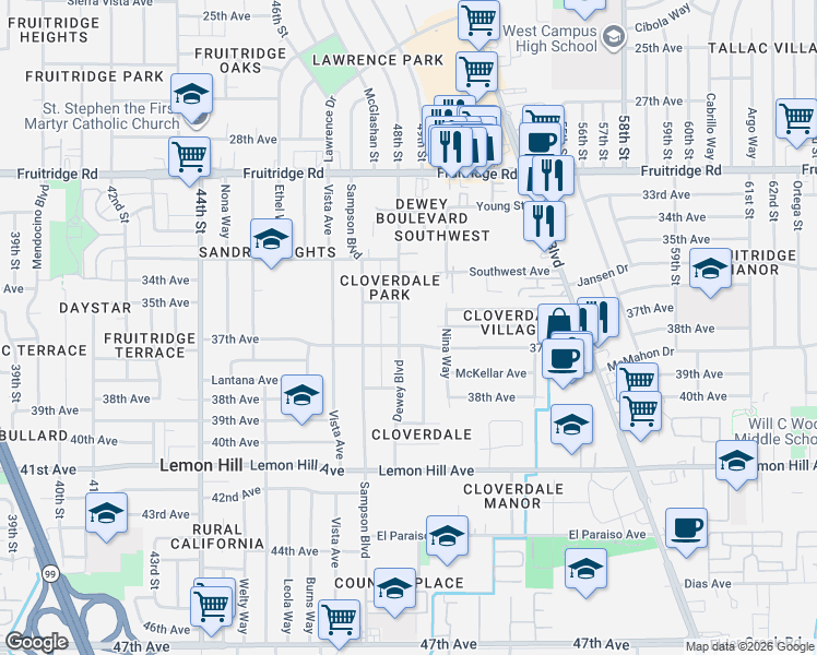map of restaurants, bars, coffee shops, grocery stores, and more near 5881 Dewey Boulevard in Sacramento