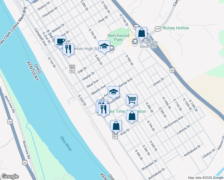 map of restaurants, bars, coffee shops, grocery stores, and more near 2103 South 5th Street in Ironton