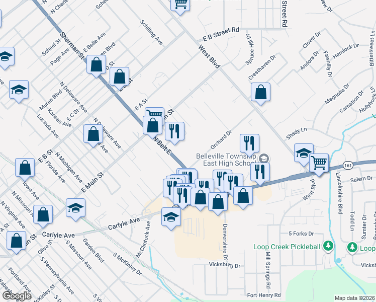 map of restaurants, bars, coffee shops, grocery stores, and more near 117 Orchard Drive in Belleville