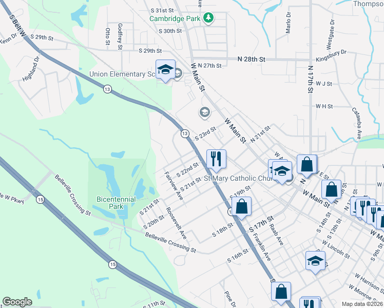 map of restaurants, bars, coffee shops, grocery stores, and more near 416 South 23rd Street in Belleville