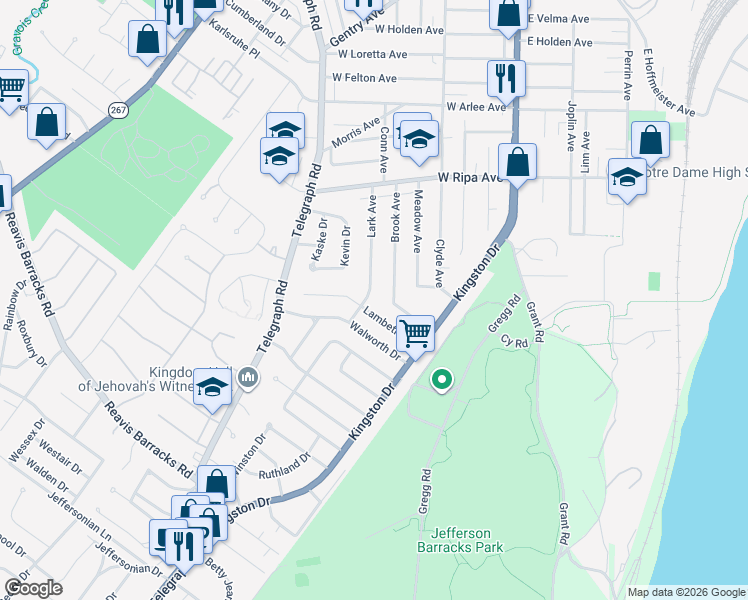 map of restaurants, bars, coffee shops, grocery stores, and more near 323 Lambeth Lane in St. Louis