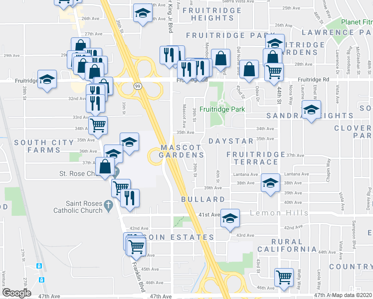 map of restaurants, bars, coffee shops, grocery stores, and more near 5830 39th Street in Sacramento
