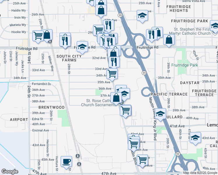 map of restaurants, bars, coffee shops, grocery stores, and more near 3291 36th Avenue in Sacramento