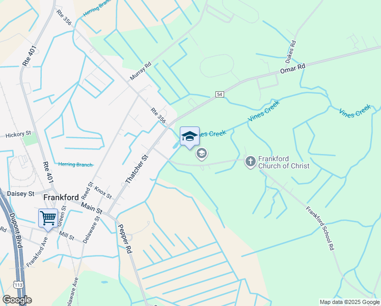 map of restaurants, bars, coffee shops, grocery stores, and more near 30207 Frankford School Road in Frankford
