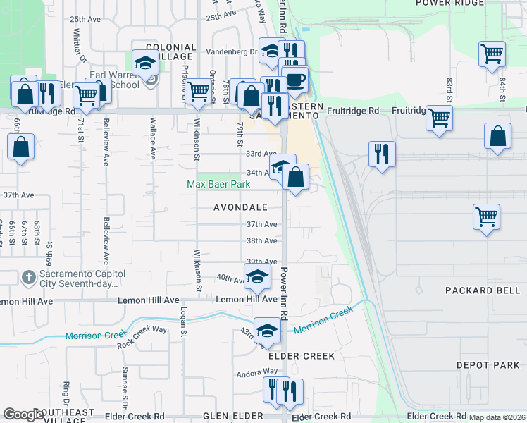 map of restaurants, bars, coffee shops, grocery stores, and more near 8013 37th Avenue in Sacramento