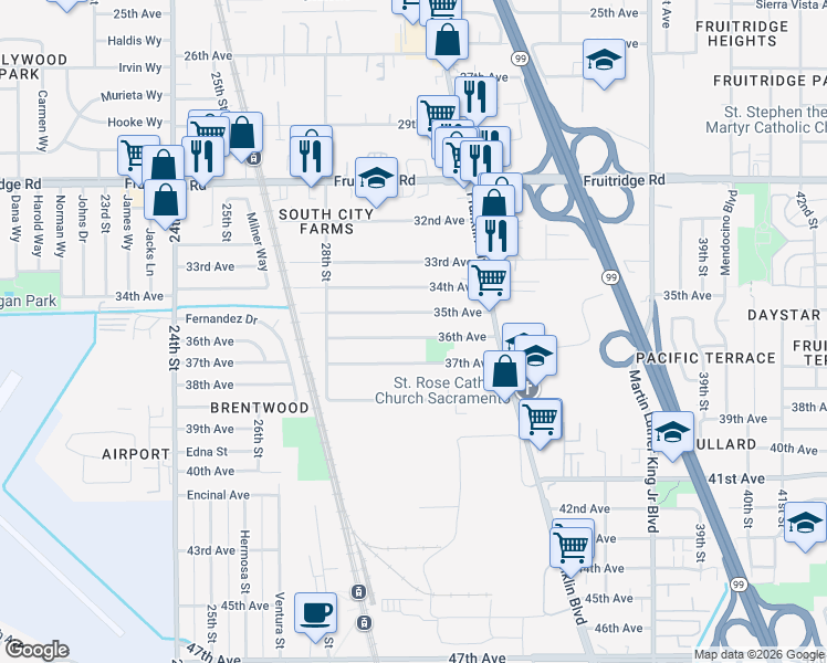 map of restaurants, bars, coffee shops, grocery stores, and more near 3030 36th Avenue in Sacramento