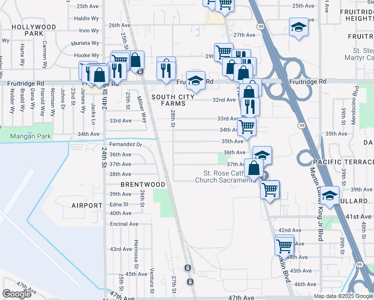 map of restaurants, bars, coffee shops, grocery stores, and more near 2870 36th Avenue in Sacramento