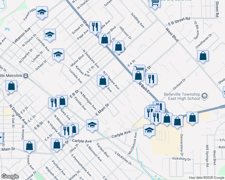 map of restaurants, bars, coffee shops, grocery stores, and more near 19 North Indiana Avenue in Belleville