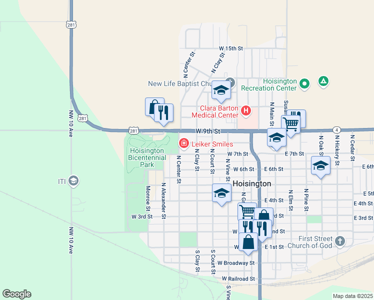 map of restaurants, bars, coffee shops, grocery stores, and more near 501-599 West 7th Street in Hoisington