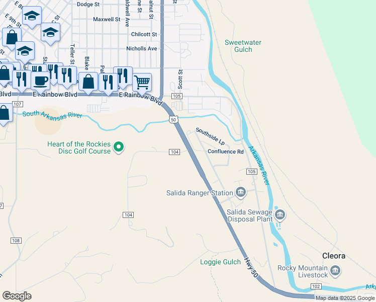 map of restaurants, bars, coffee shops, grocery stores, and more near 12993 Paradise Road in Salida