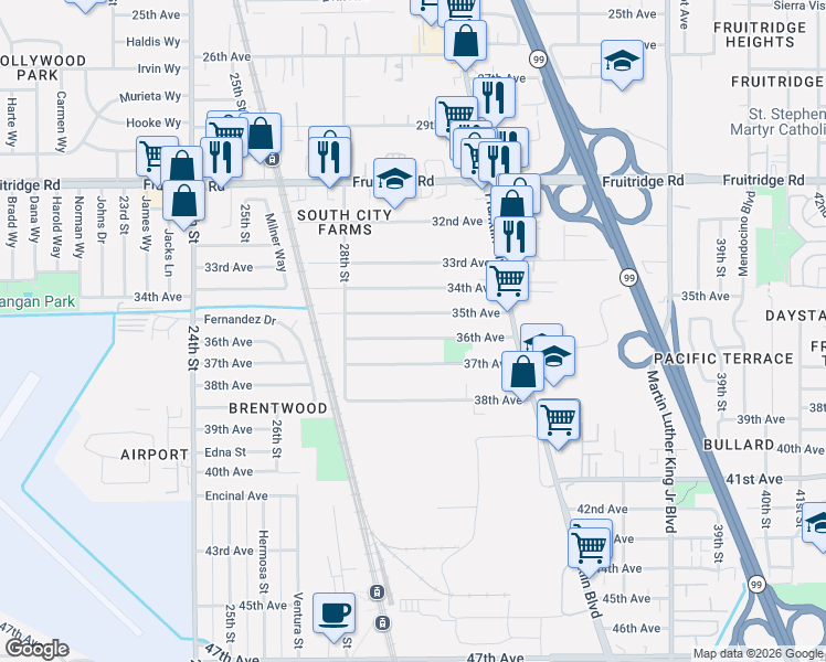 map of restaurants, bars, coffee shops, grocery stores, and more near 3030 36th Avenue in Sacramento