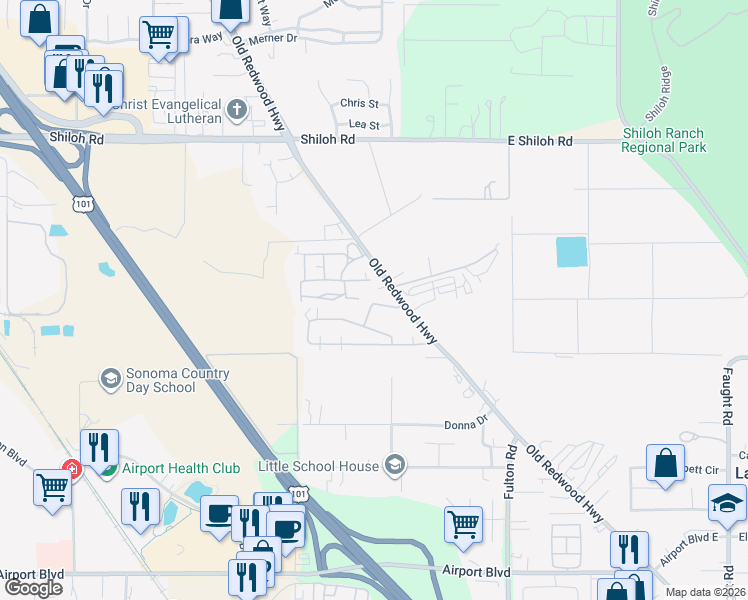 map of restaurants, bars, coffee shops, grocery stores, and more near 46 Plymouth Way in Santa Rosa