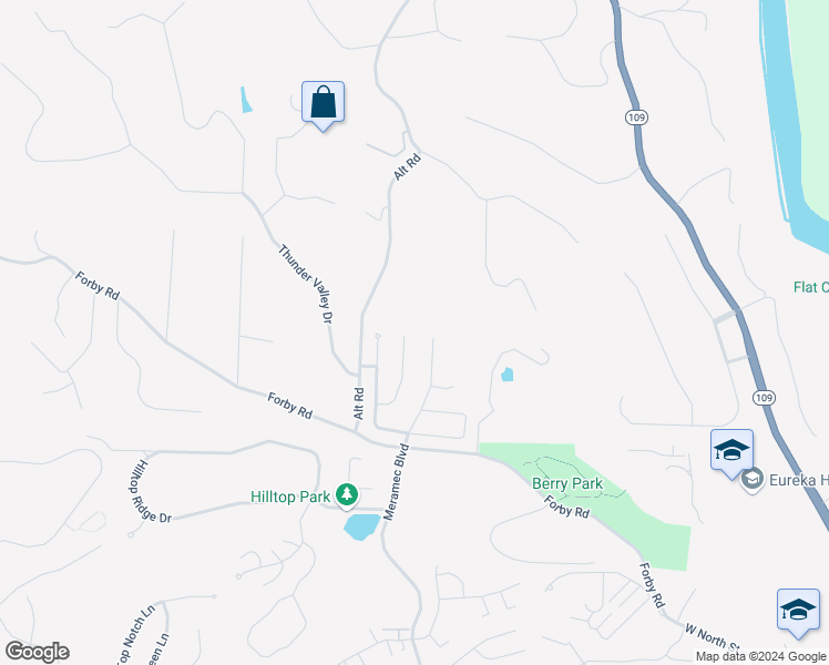 map of restaurants, bars, coffee shops, grocery stores, and more near 4615 Meramec Boulevard in Eureka