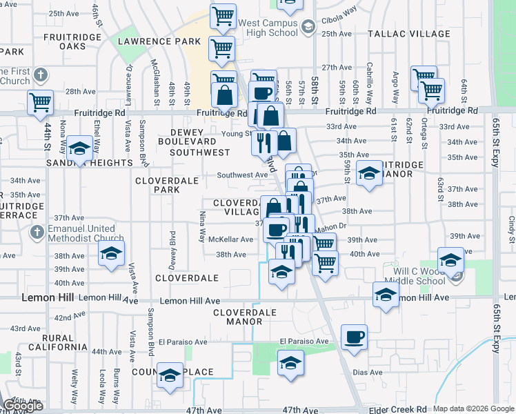 map of restaurants, bars, coffee shops, grocery stores, and more near 5313 Thurman Way in Sacramento