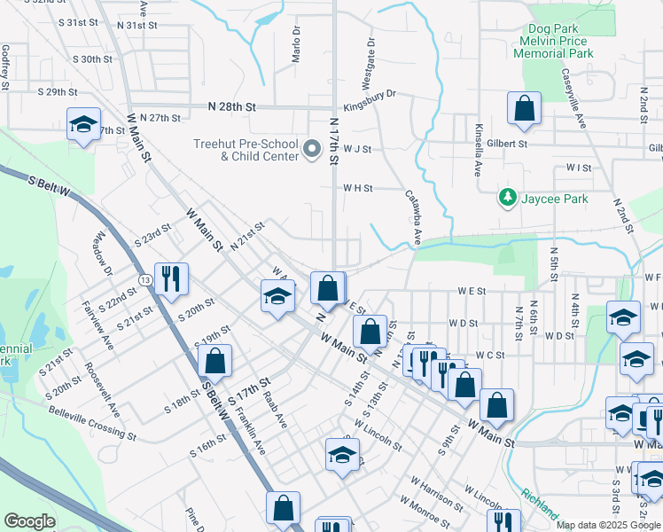 map of restaurants, bars, coffee shops, grocery stores, and more near 501 North 17th Street in Belleville