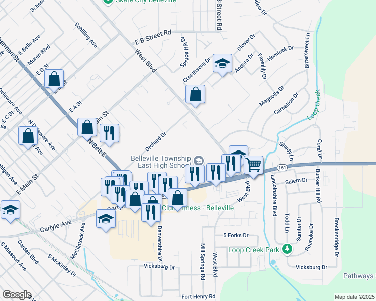 map of restaurants, bars, coffee shops, grocery stores, and more near 2555 Belleville Street in Lebanon
