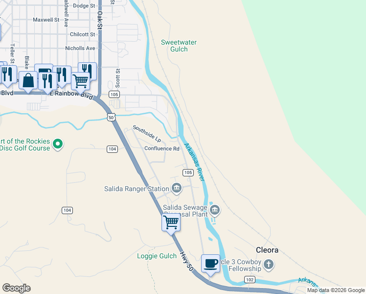 map of restaurants, bars, coffee shops, grocery stores, and more near 7030 County Road 105 in Salida