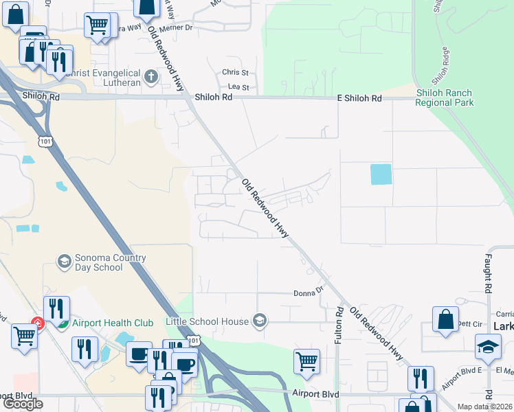 map of restaurants, bars, coffee shops, grocery stores, and more near 46 Plymouth Way in Santa Rosa