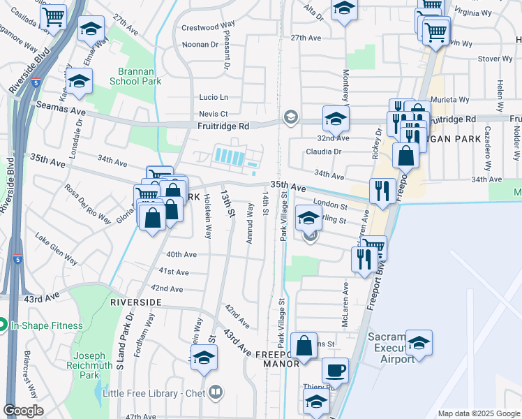 map of restaurants, bars, coffee shops, grocery stores, and more near 5873 Annrud Way in Sacramento