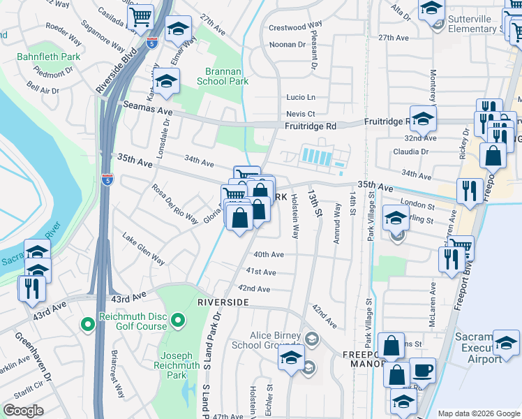 map of restaurants, bars, coffee shops, grocery stores, and more near 5897 South Land Park Drive in Sacramento