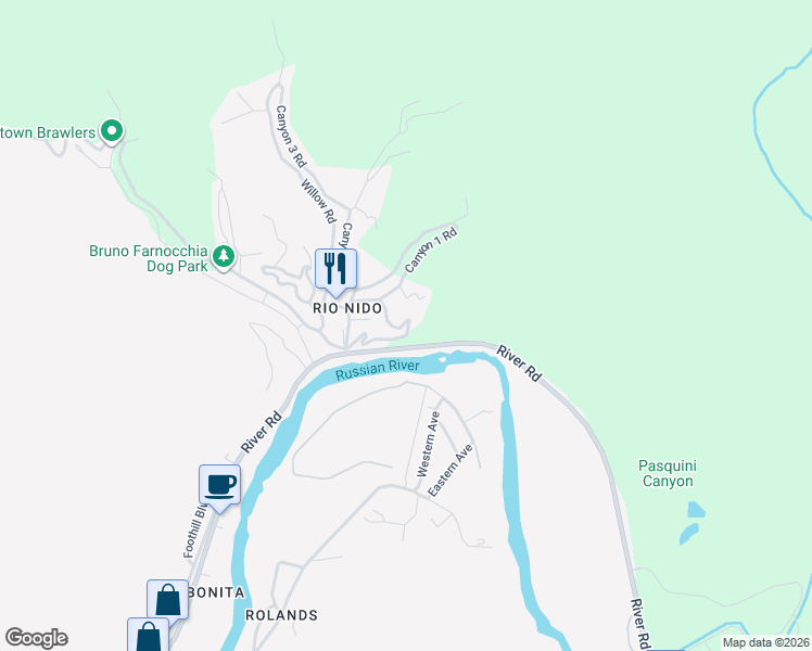 map of restaurants, bars, coffee shops, grocery stores, and more near 14513 Memory Lane in Guerneville