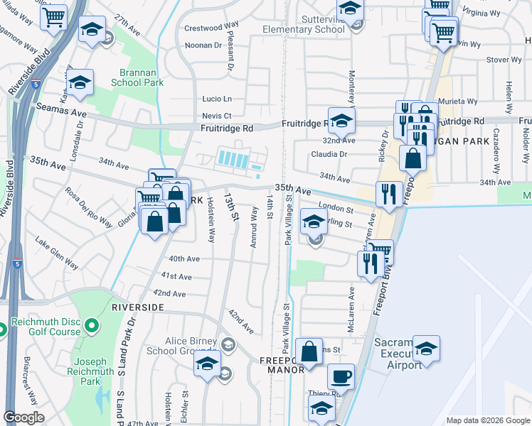map of restaurants, bars, coffee shops, grocery stores, and more near 5873 Annrud Way in Sacramento