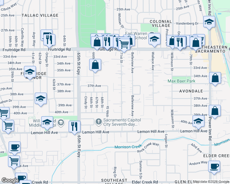 map of restaurants, bars, coffee shops, grocery stores, and more near 5837 Bosco Way in Sacramento