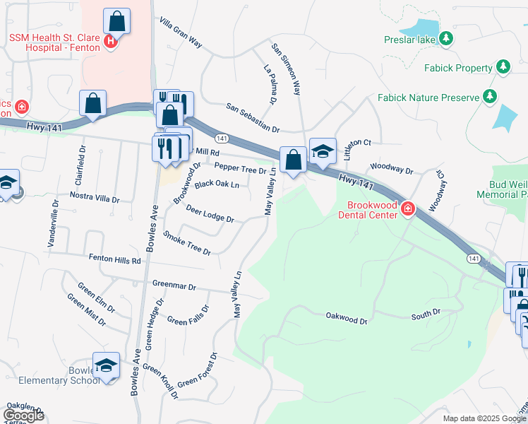 map of restaurants, bars, coffee shops, grocery stores, and more near 43 May Valley Lane in Fenton