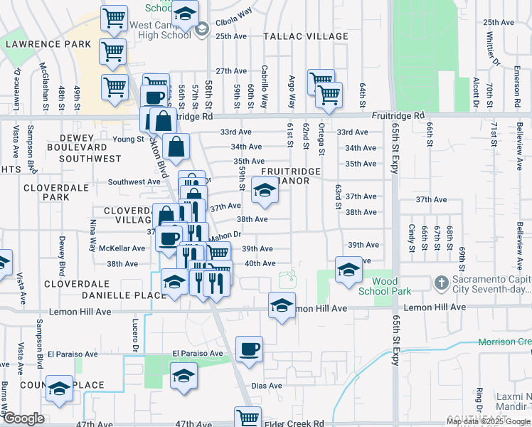 map of restaurants, bars, coffee shops, grocery stores, and more near 6032 36th Avenue in Sacramento