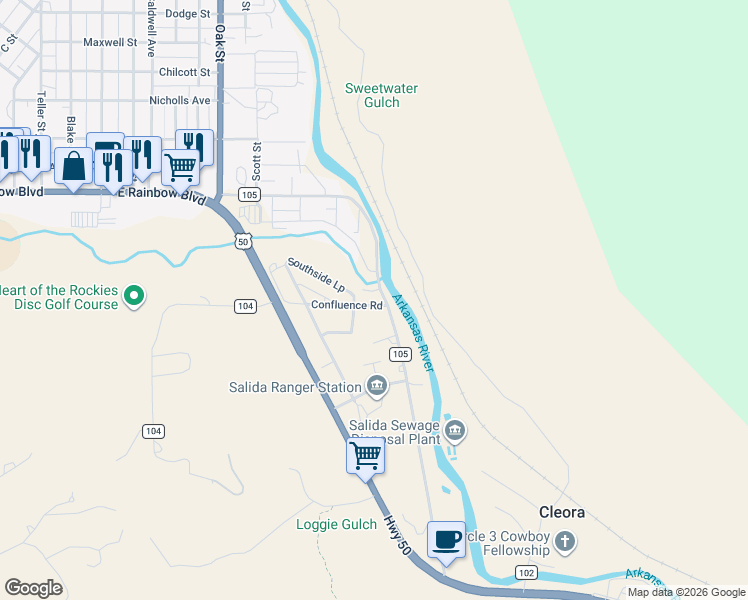 map of restaurants, bars, coffee shops, grocery stores, and more near 7030 County Road 105 in Salida