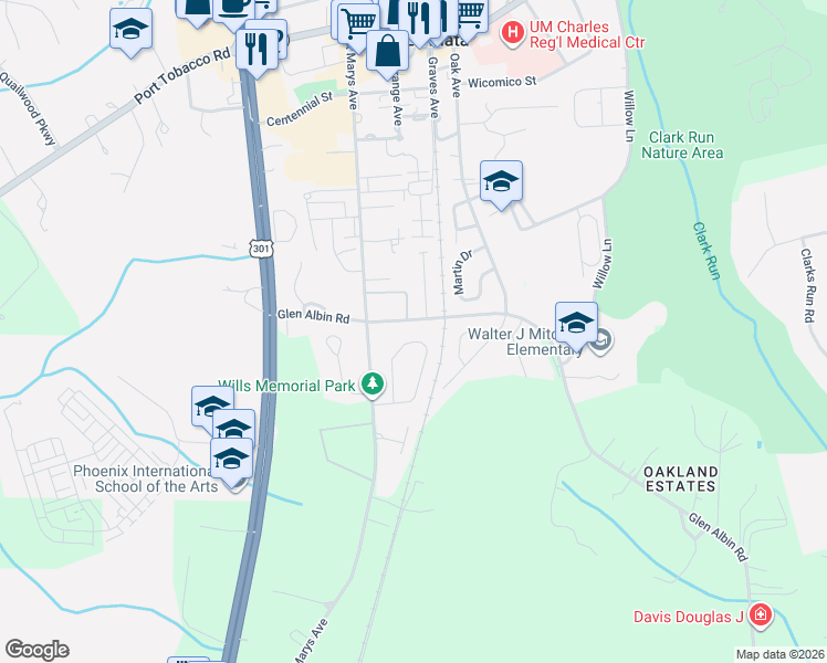 map of restaurants, bars, coffee shops, grocery stores, and more near 6855 Glen Albin Road in La Plata