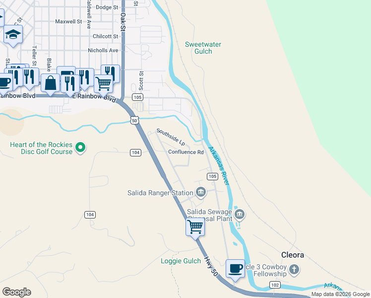 map of restaurants, bars, coffee shops, grocery stores, and more near 6953 County Road 105 in Salida