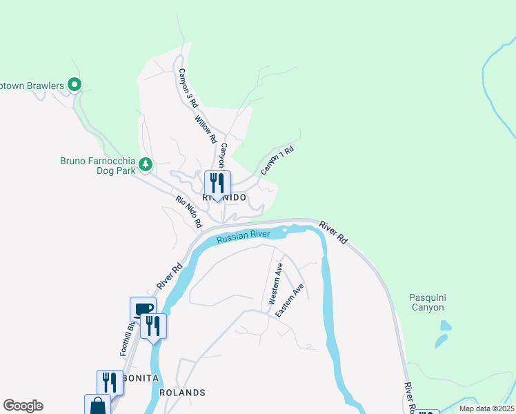 map of restaurants, bars, coffee shops, grocery stores, and more near 14513 Memory Lane in Guerneville