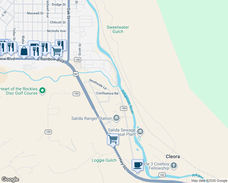 map of restaurants, bars, coffee shops, grocery stores, and more near 7030 County Road 105 in Salida