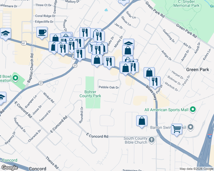 map of restaurants, bars, coffee shops, grocery stores, and more near 5808 Pebble Oak Drive in St. Louis
