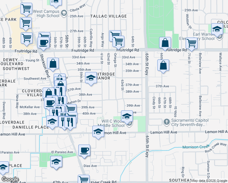 map of restaurants, bars, coffee shops, grocery stores, and more near 5863 62nd Street in Sacramento