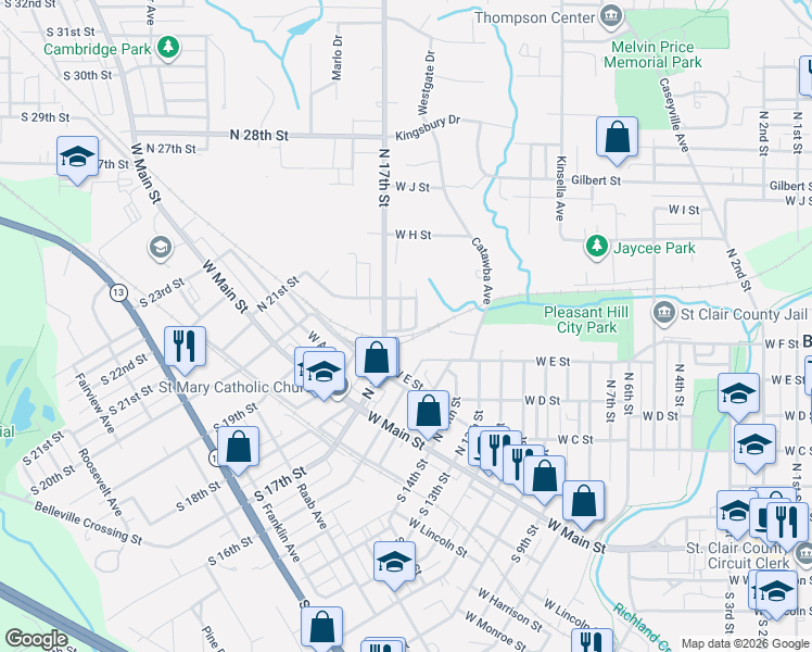 map of restaurants, bars, coffee shops, grocery stores, and more near 501 North 17th Street in Belleville