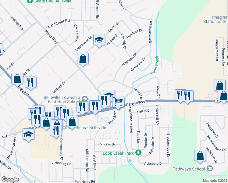 map of restaurants, bars, coffee shops, grocery stores, and more near 9 Heather Drive in Belleville