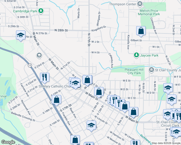 map of restaurants, bars, coffee shops, grocery stores, and more near 506 North 17th Street in Belleville