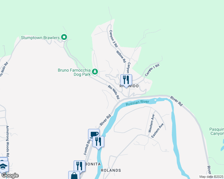 map of restaurants, bars, coffee shops, grocery stores, and more near 14712 Rio Nido Road in Guerneville