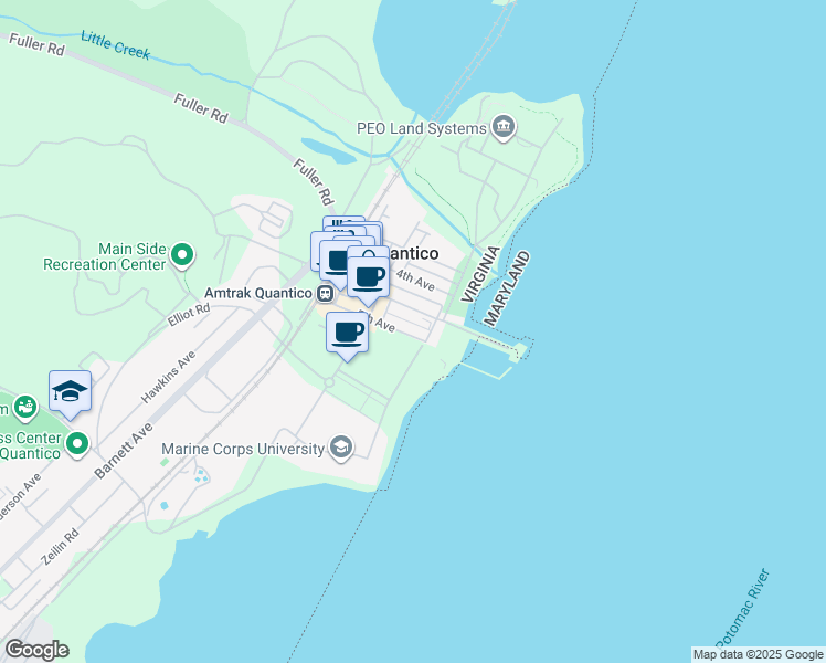 map of restaurants, bars, coffee shops, grocery stores, and more near 215 5th Avenue in Quantico