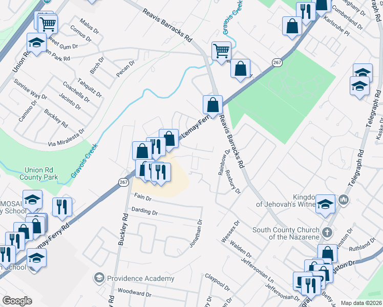 map of restaurants, bars, coffee shops, grocery stores, and more near 2509 Captiva Drive in St. Louis