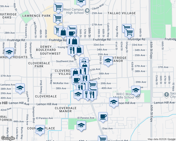 map of restaurants, bars, coffee shops, grocery stores, and more near 5854 55th Street in Sacramento
