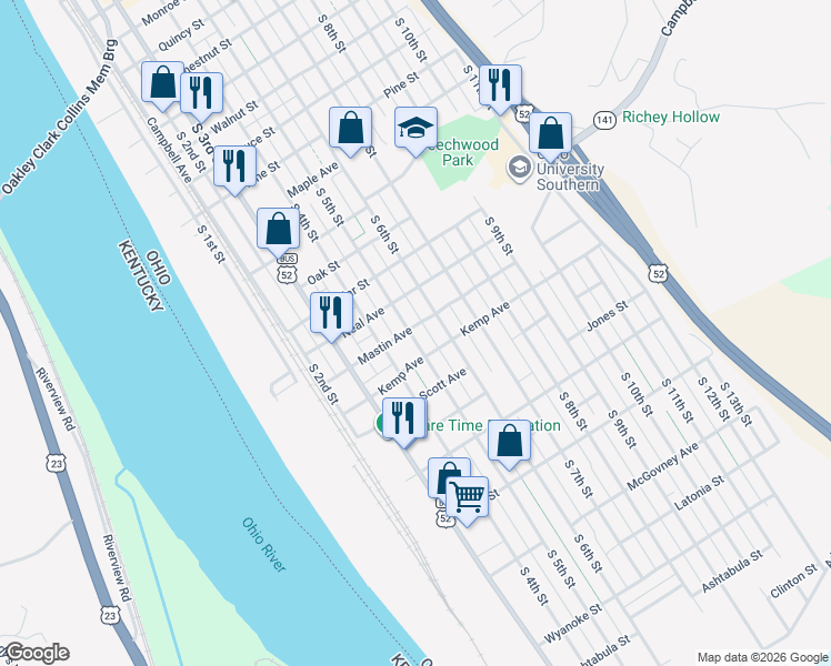 map of restaurants, bars, coffee shops, grocery stores, and more near 2009 South 4th Street in Ironton