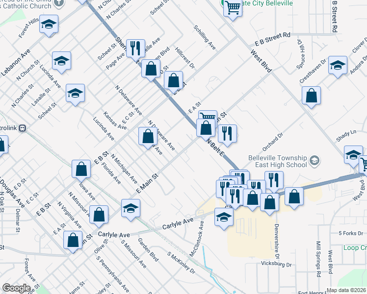 map of restaurants, bars, coffee shops, grocery stores, and more near in Belleville