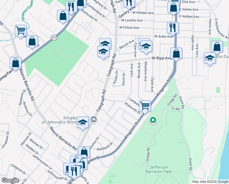 map of restaurants, bars, coffee shops, grocery stores, and more near 452 Lambeth Lane in St. Louis